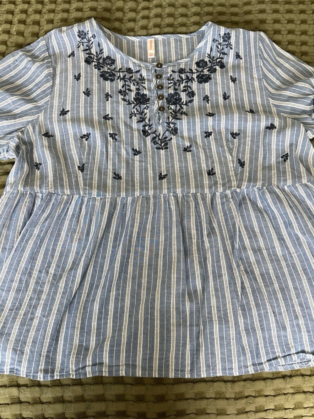 Xhilaration Light Blue & White Striped Embroidered Peplum Top